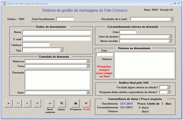 Ssitema de gestão de mensagens do Fale Conosco campos a preencher SAC